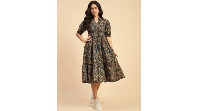 Azira Ethnic Motifs Printed Cotton Empire Midi Dress