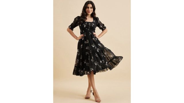 Azira Floral Print Square Neck Puff Sleeve Georgette Fit & Flare Midi Tiered Dress