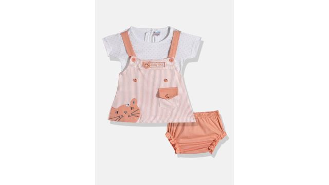 BABYMAX Infant Girls Striped Applique Pure Cotton Pinafore Dress With T-shirt & Bloomers