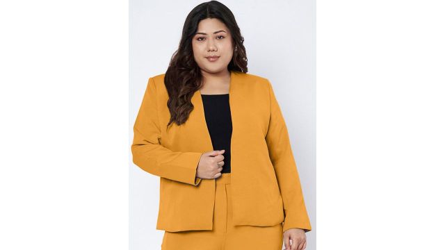 BRINNS Plus Size Open Front Blazer (Mustard, shawl collar, formal)