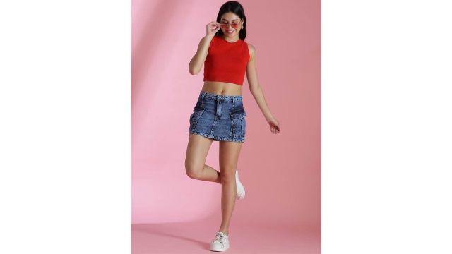 Belliskey Women Solid Blue Straight Fit Denim Mini Skirt