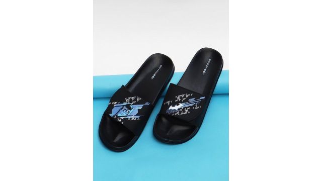 Bewakoof Men Black & Blue Cyber Bat Knight Printed Sliders
