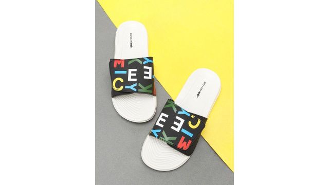 Bewakoof Men Black & White Mickey Typo Printed Sliders