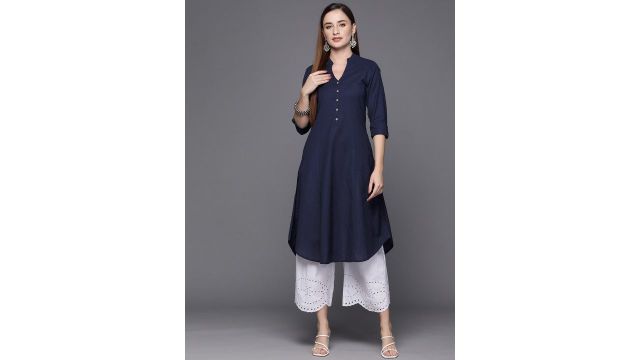 Biba Women Pintucked Cotton Linen Kurta (Navy blue, A-line, band collar)