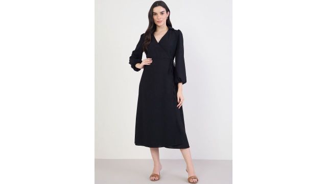 Black solid long-sleeve tie-up wrap midi (V-neck, puff sleeves, straight hem)