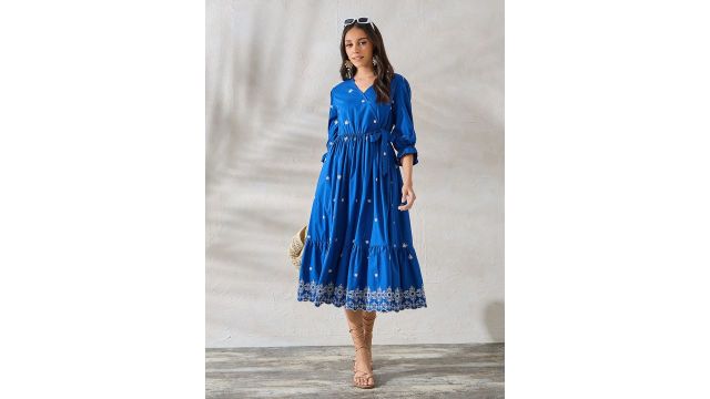 Blue wrap midi with contrast embroidery (V-neck, 3/4 sleeves, flounce hem, cotton)