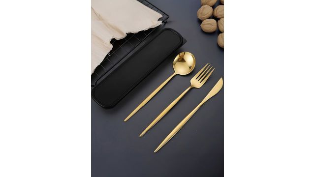BonZeaL Portable 3 Pieces Gold-Toned Stainless Steel Cutlery Set With Box