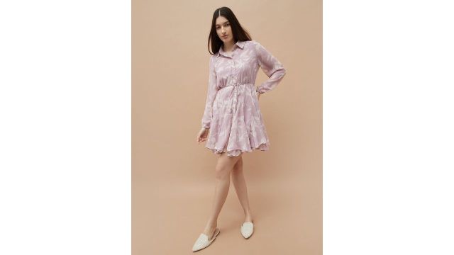 CODE by Lifestyle Floral Print Shirt Collar Puff Sleeves Belted Shirt Mini Dress