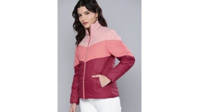 Chemistry Women Pink Colourblocked Mock-Collar Padded Jacket