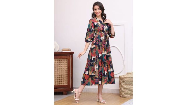 Claura Women Abstract Printed Mandarin Collar A-Line Dress
