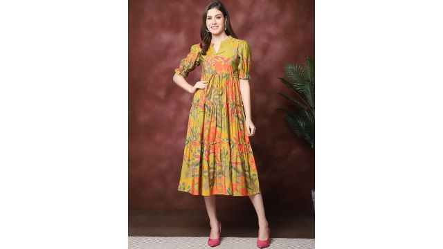 Claura Women Floral Print Mandarin Collar Puff Sleeves Dress