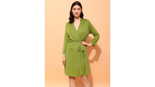 Clovia Green Open-Front Cotton Robe