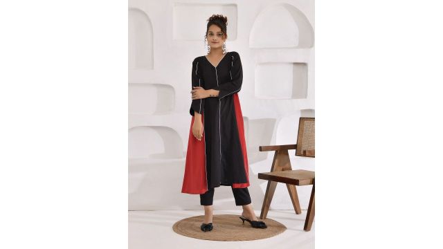 THE SAFFRON SAGA Colourblocked Flared Sleeve Formal A-Line Midi Dress