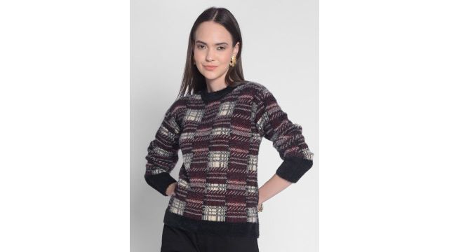 Crimsoune Club Checked Round Neck Pullover Sweater