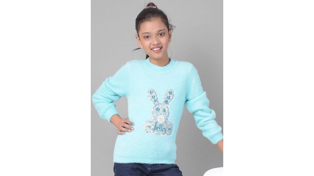 Crimsoune Club Girls Graphic Printed Embellished Pullover Sweater (Blue/White, nylon-acrylic blend)