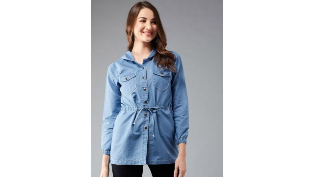 DOLCE CRUDO Women Blue Solid Hooded Denim Jacket