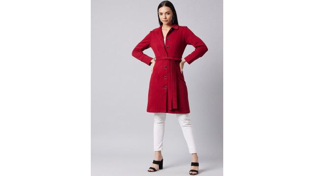DOLCE CRUDO Women Maroon Belted Long Jacket