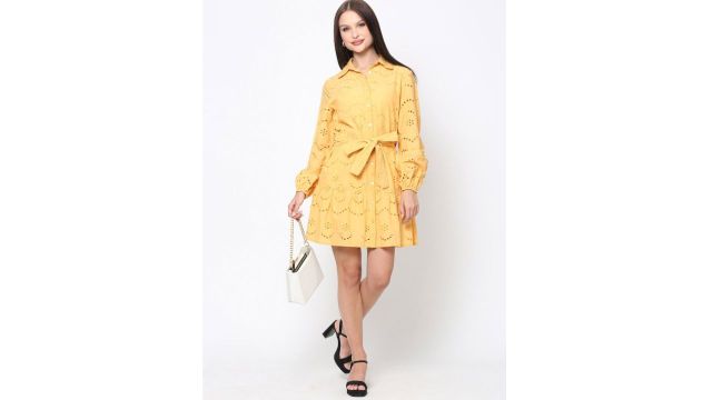 DRIRO Women Schiffli Belted Shirt Mini Dress