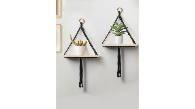 Decazone Black & Cream 12 Pieces Wooden Macrame Wall Hanging Shelf