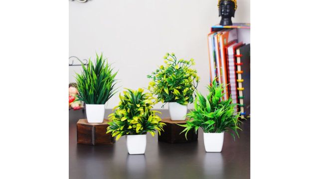 Dekorly Set of 4 Green Artificial Bonsai Plant With Pot