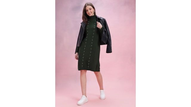 DressBerry Cable Knit Embellished Winter Dress (Green, high neck, knee length)