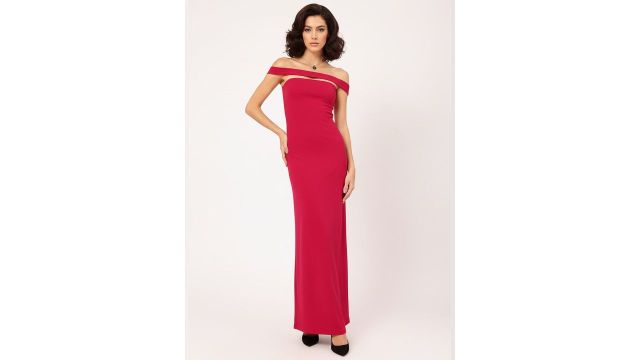 DressBerry Glamour Glint Off-Shoulder Maxi Sheath Dress with Back Slit (fiery red)
