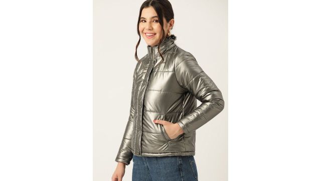 DressBerry Mock Collar Puffer Jacket with Faux Fur Detail (metallic grey)