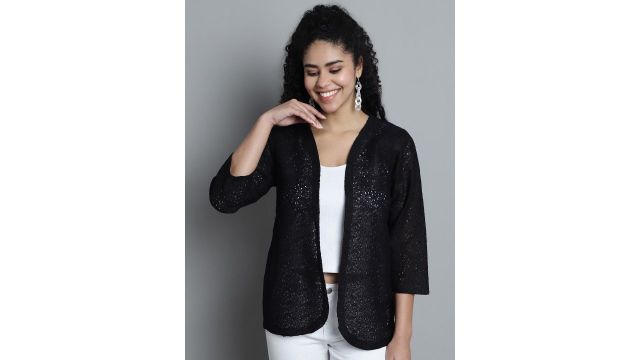 Dressitude Self Design Sheer Cotton Open Front Shrug