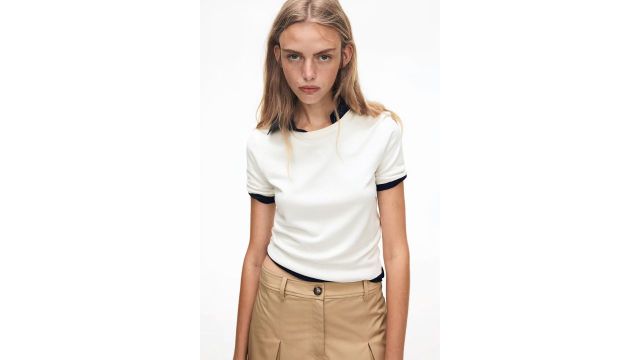 Fine-Knit T-shirt (Cream, rib-trimmed)