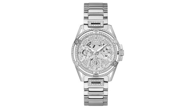 Guess US Women's Silver-Tone Rhinestone Cut-Through Watch