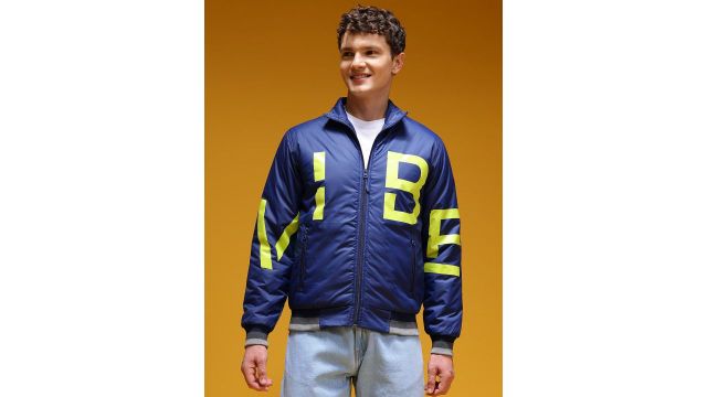 HERE&NOW Men Typography “No” Varsity Jacket (navy, sporty streetwear)