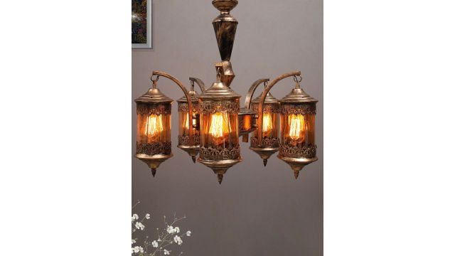 Homesake Gold-Toned 5-Light Vintage Glass & Metal Jhoomar Ceiling Lamp