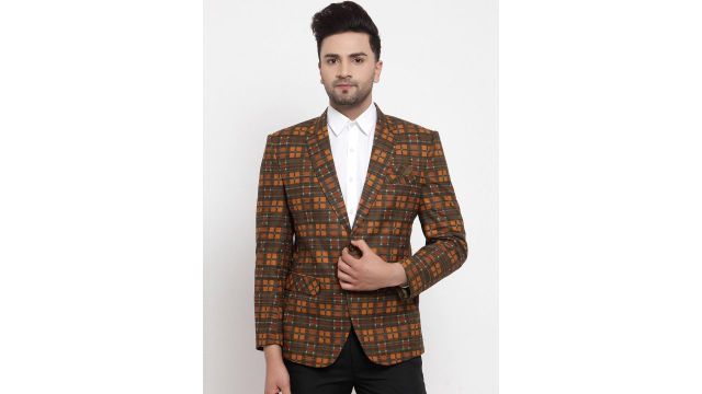KLOTTHE Men Brown & Orange Checked Slim-Fit Single-Breasted Party Blazer