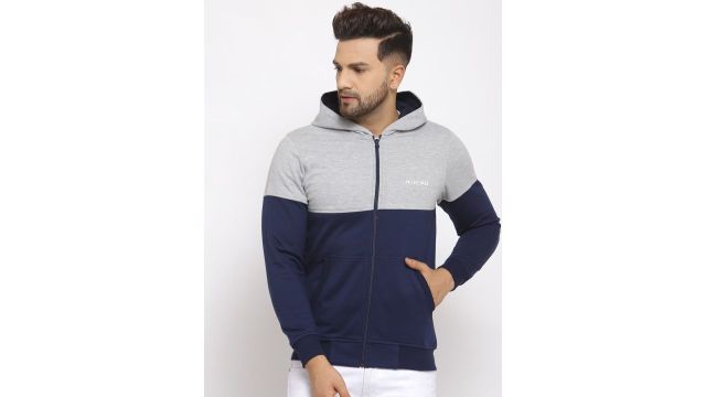 Kalt Men Navy Blue & Grey Colourblocked Fleece Sweatshirt