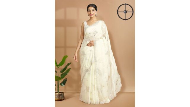 Kalyan Silks Floral Beads and Stones Embellished Organza Saree