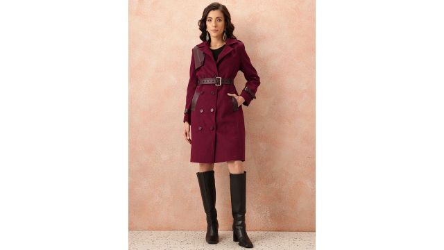 Knee Length Overcoat with Detachable Faux Leather Belt (Burgundy)