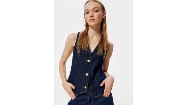 Koton V Neck Sleeveless Pure Cotton Waistcoat