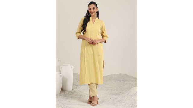 Libas Striped Mandarin Collar Pintucks Thread Work Straight Kurta (Yellow/white striped)