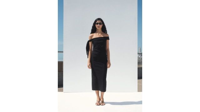 MANGO Off-Shoulder Sheath Midi Dress (black, short sleeves, gathered detail)