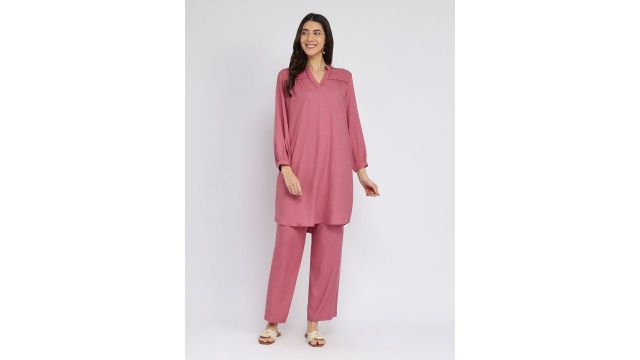 Mandarin Collar Tunic with Trousers (Pink)