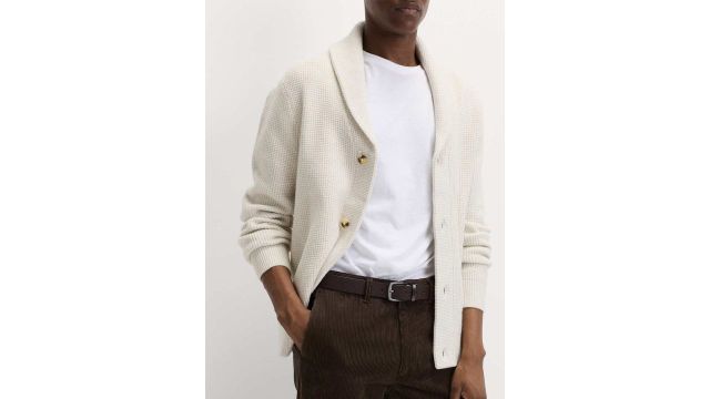 Marks & Spencer Men Air-Yarn Waffle Knit Shawl Neck Cardigan