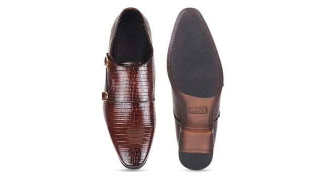 Metro Men Textured Leather Formal Monk Shoes With Buckle Detail