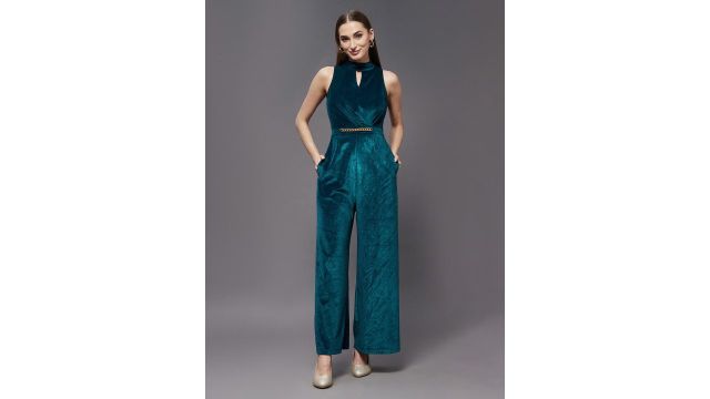 Miss Chase Women Teal Choker Neck Sleeveless Solid Pleated Velvet Party Jumpsuit