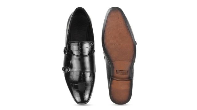 Mochi Men Textured Leather Formal Monk Shoes With Buckle Detail