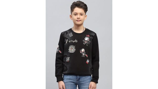 Monte Carlo Boys Black CottonRound neck Long Sleeves Printed Sweatshirt