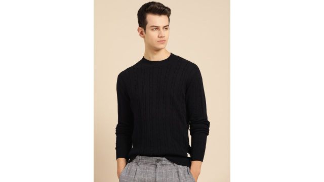 Mr Bowerbird Men Black Pure Cotton Cable Knit Sweater