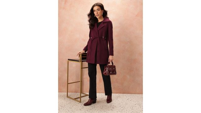 Notched Lapel Tie-Up Overcoat (Burgundy, hip length)