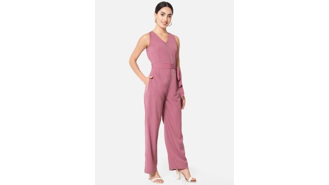 OTIRA Women V-Neck Basic Jumpsuit with Tie-Ups