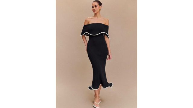 Outzidr Off-Shoulder Ruffled Sheath Midi Dress (black, sleeveless, flounce hem)