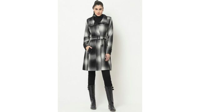 Owncraft Women Black & White Checked Woolen Coat